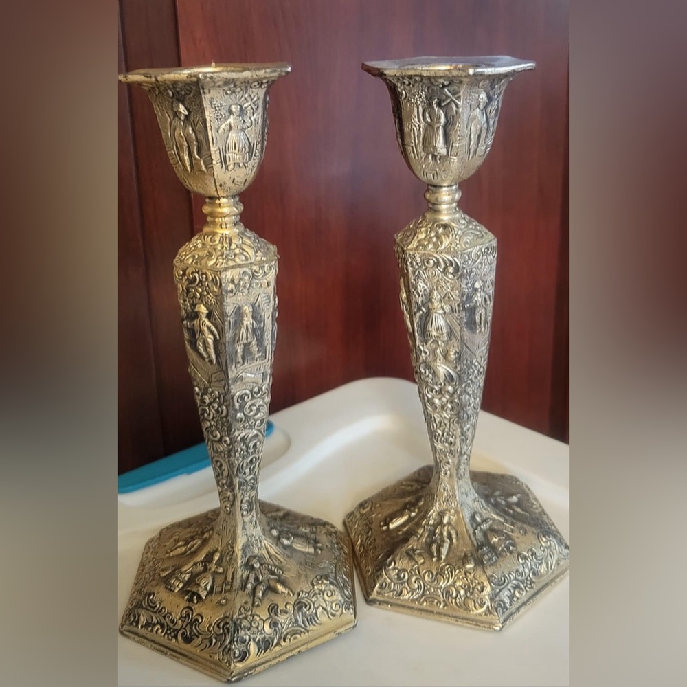 Jennings Brother silver plated Dutch Farming scene candlesticks
